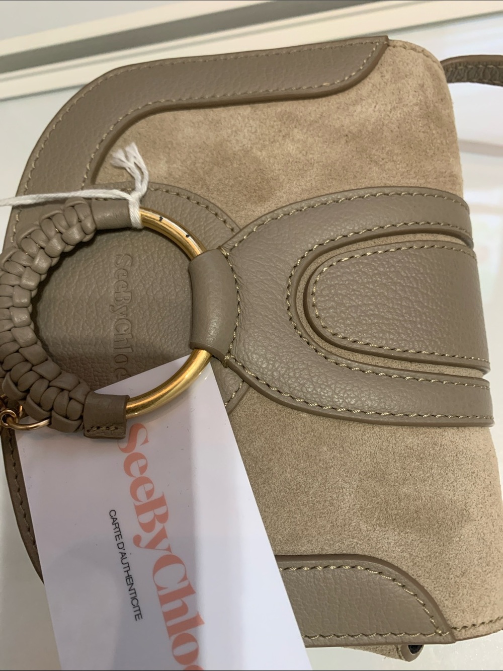 Taupe Crossbody Saddle Bag with Gold Ring Accent - Picture 10 of 12
